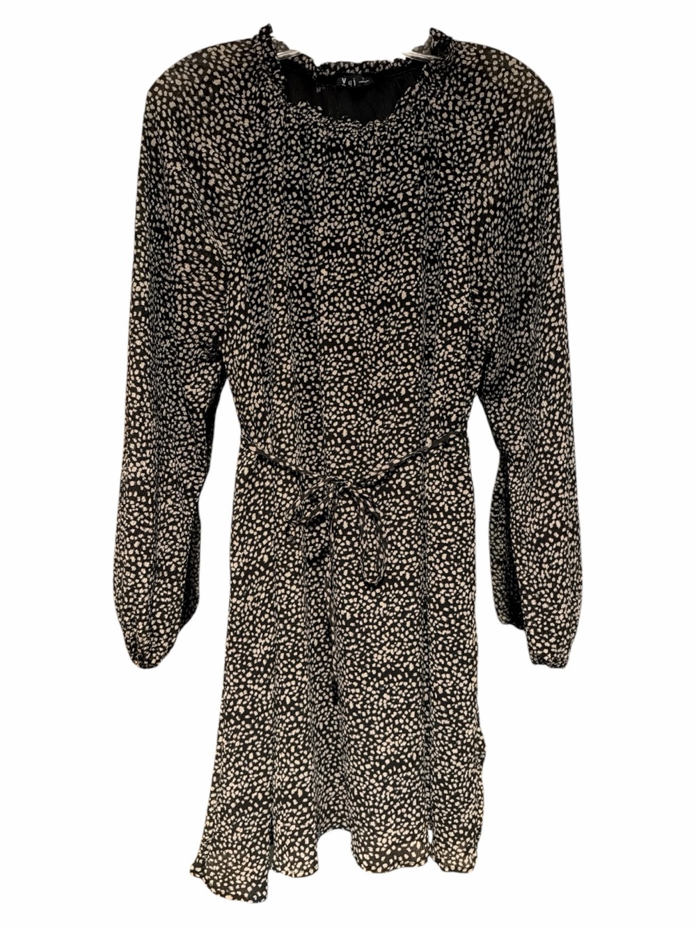 Black and White Printed Long Sleeve Tie-Waist Dress